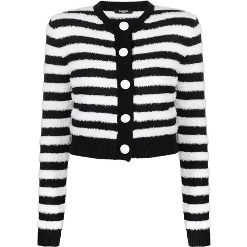 Striped Wool Cardigan in , female, Sizes: L - Balmain - Modalova