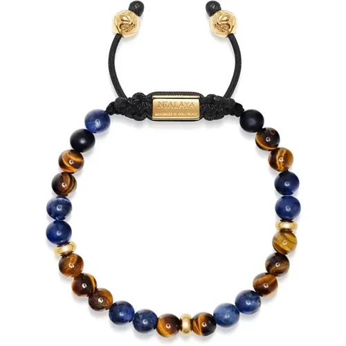 Men's Beaded Bracelet with Dumortierite, Brown Tiger Eye and Gold , Herren, Größe: M - Nialaya - Modalova