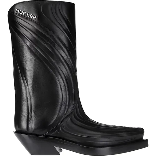 Pointed Leather Texan Boot with Metallic Logo , female, Sizes: 6 UK, 5 UK, 4 UK, 7 UK - Mugler - Modalova