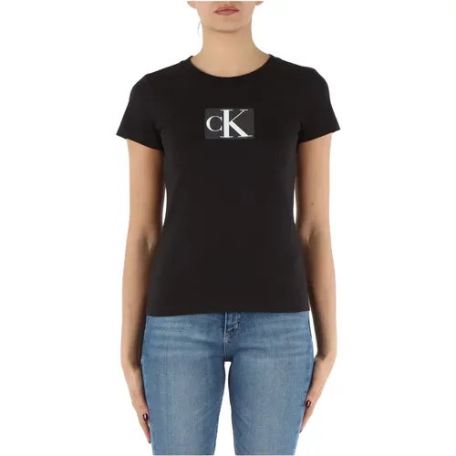 Baumwoll Logo Pailletten T-Shirt , Damen, Größe: M - Calvin Klein Jeans - Modalova