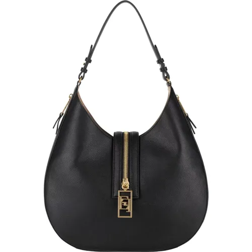 Schwarze Hobo-Tasche mit goldenen Reißverschlüssen - Elisabetta Franchi - Modalova