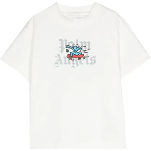 Weißes Bedrucktes T-Shirt mit Rundhalsausschnitt - Palm Angels - Modalova