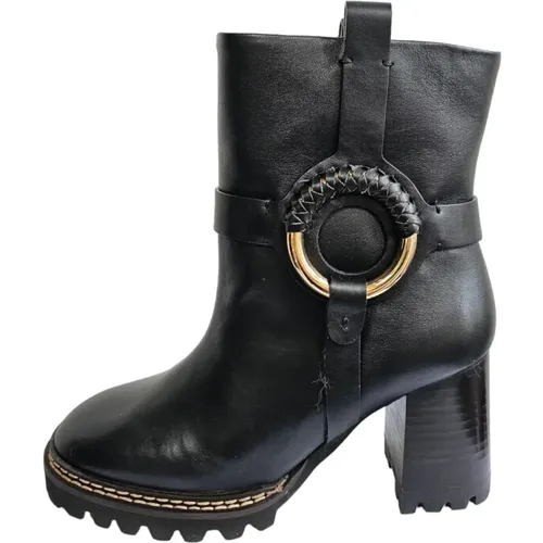 Schwarze Leder-Stiefeletten mit goldenen Details , Damen, Größe: 37 EU - See by Chloé - Modalova