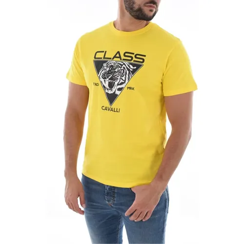 Gelbes Logo-Print Baumwoll-T-Shirt , Herren, Größe: M - Cavalli Class - Modalova