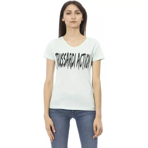 Action Hellblaues Baumwoll V-Ausschnitt T-Shirt , Damen, Größe: S - Trussardi - Modalova