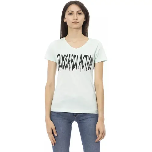 Action Hellblaues Baumwoll V-Ausschnitt T-Shirt , Damen, Größe: XS - Trussardi - Modalova