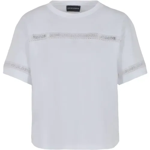 Weiße Baumwoll Logo Besticktes T-Shirt , Damen, Größe: XL - Emporio Armani - Modalova