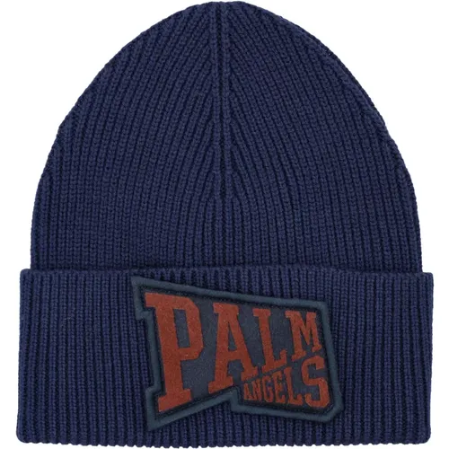 Navy Ribbed Beanie with Logo Embroidery , male, Sizes: ONE SIZE - Palm Angels - Modalova