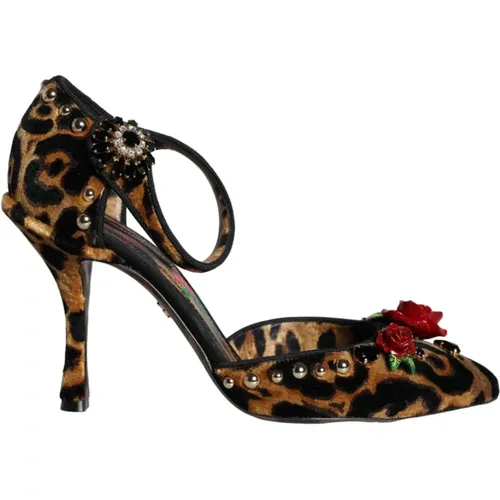 Leopard Floral Crystal Ankle Strap Pumps , female, Sizes: 5 UK - Dolce & Gabbana - Modalova