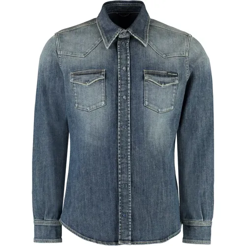 Denim Hemd mit Kontrastnähten , Herren, Größe: XL - Dolce & Gabbana - Modalova