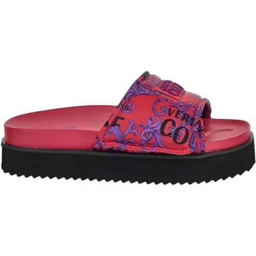 Fuchsia Satin Logo Sliders - Größe 37 , Damen, Größe: 37 EU - Versace Jeans Couture - Modalova