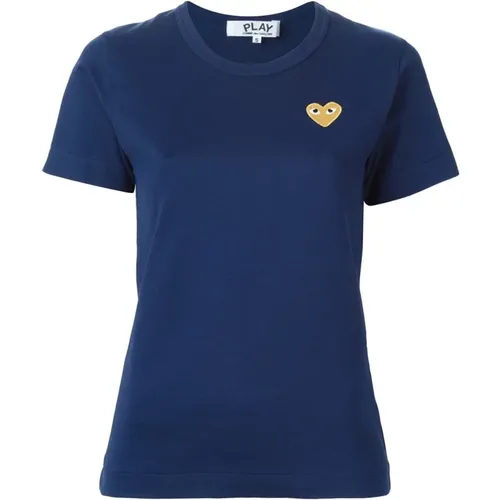 Marineblaues Baumwoll-Dament-Shirt mit goldenem Herz-Stickerei , Damen, Größe: M - Comme des Garçons Play - Modalova