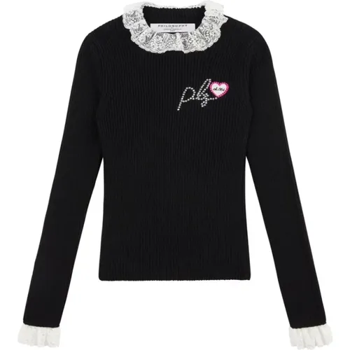 Schwarzer Pullover mit Spitzenkragen und Logo - Philosophy di Lorenzo Serafini - Modalova