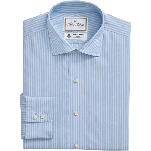 Hellblaues Gestreiftes Regular Fit Baumwoll-Leinen-Hemd mit Englischer Spread-Kragen , Herren, Größe: M - Brooks Brothers - Modalova