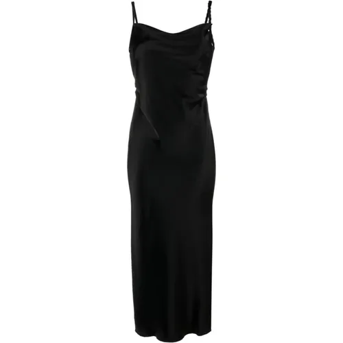 Schwarzes Satin Midi Kleid mit Eckigem Ausschnitt und Seitenschlitz , Damen, Größe: M - Nanushka - Modalova