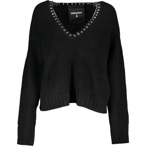 V-Neck Sweater with Contrast Details and Logo , female, Sizes: M, XS, S - PATRIZIA PEPE - Modalova