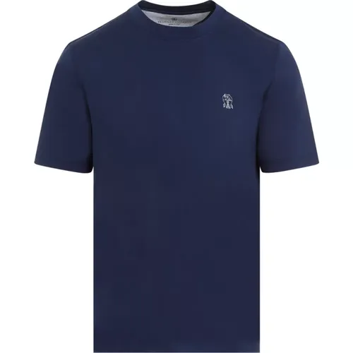 Blau Baumwoll-T-Shirt mit weißem Logo - BRUNELLO CUCINELLI - Modalova