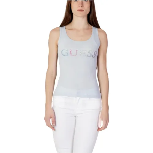 Blau bedrucktes Tanktop mit Strassdetails - Guess - Modalova