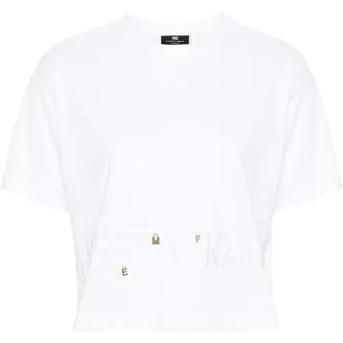 Cropped Baumwoll Jersey Pullover mit Charms,Oversize Weißes T-Shirt mit Logo und Charms - Elisabetta Franchi - Modalova