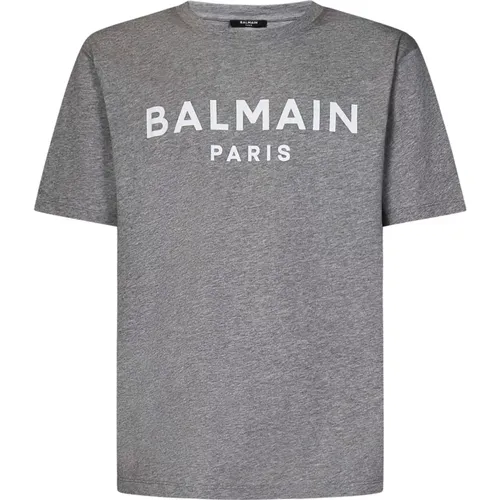 Graues Melange T-Shirt aus Bio-Baumwolle mit Logo-Print , Herren, Größe: M - Balmain - Modalova