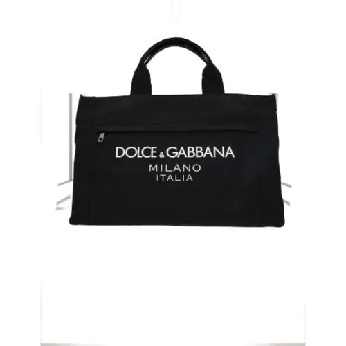 Schwarze Nylon-Handtasche mit glatten Lederdetails und kontrastierendem Logo-Print - Dolce & Gabbana - Modalova
