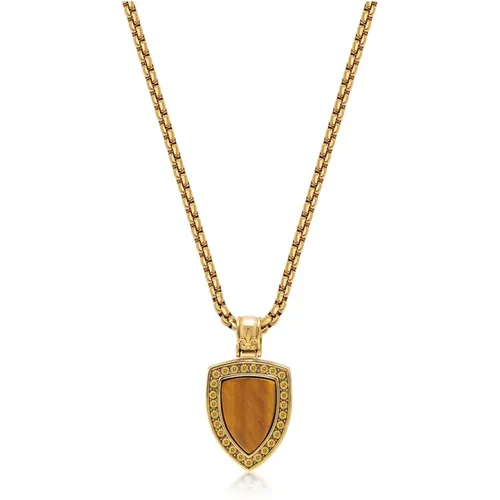 Gold Necklace with Brown Tiger Eye Shield Pendant , Herren, Größe: ONE Size - Nialaya - Modalova