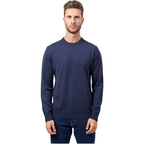 Blauer Pullover Straight Fit Baumwolle Gerippter Kragen , Herren, Größe: 2XL - Hugo Boss - Modalova