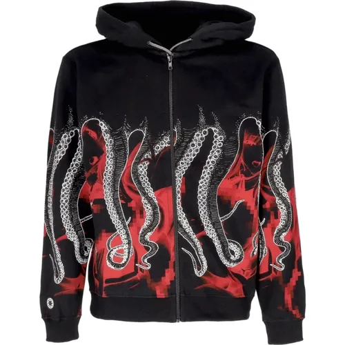 Schwarzer Zip Hoodie mit Tentakeldruck , Herren, Größe: M - Octopus - Modalova