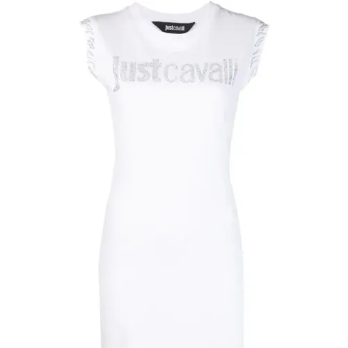 Weißes Baumwoll-Jersey-Kleid mit Str-Logo , Damen, Größe: M - Just Cavalli - Modalova