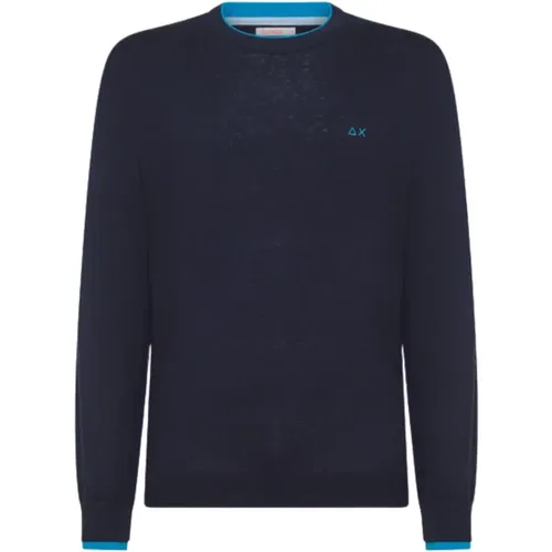 Navy Doppelter Rippstrick Pullover , Herren, Größe: M - Sun68 - Modalova