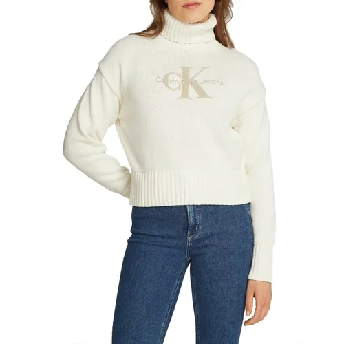 Chenille Turtleneck Sweater Ivory , female, Sizes: S, M, XS - Calvin Klein - Modalova