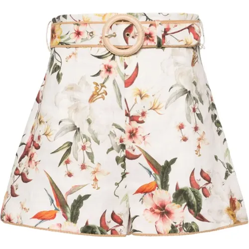 Floral Print Linen Shorts with Raffia Trim , female, Sizes: XS - Zimmermann - Modalova