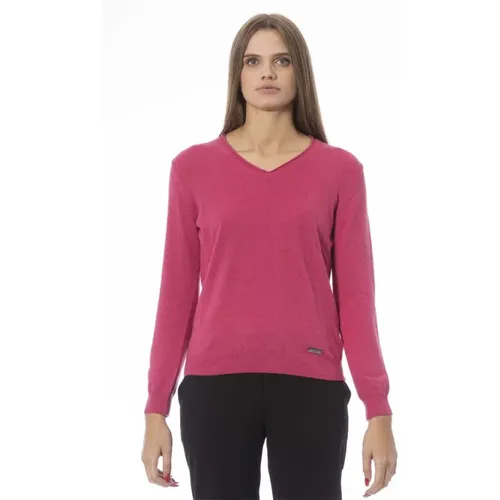 Fuchsia V-Ausschnitt Rippstrickpullover , Damen, Größe: S - Baldinini - Modalova