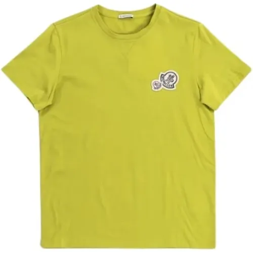 Limettengrünes Baumwoll-T-Shirt mit Doppel-Logo , Damen, Größe: S - Moncler - Modalova