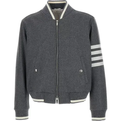 Graue Gestrickte Rib Blouson Jacke,Graue Wollflanell-Bomberjacke - Thom Browne - Modalova