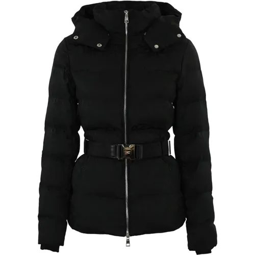 Schwarze Nylon Jacquard Lettering Jacke,Kurze Schwarze Jacquard-Buchstaben-Steppjacke - Elisabetta Franchi - Modalova