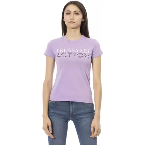 Lila Baumwoll T-Shirt mit Kurzen Ärmeln , Damen, Größe: L - Trussardi - Modalova