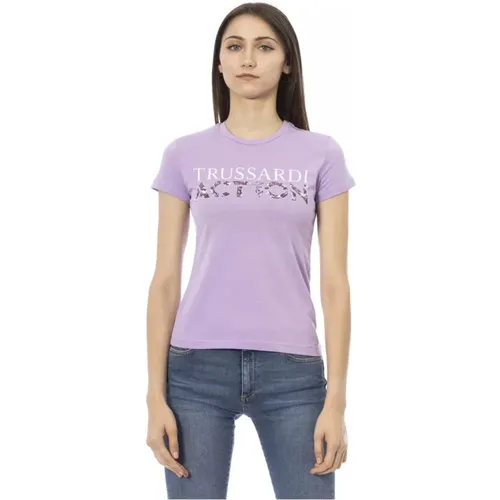 Lila Baumwoll T-Shirt mit Kurzen Ärmeln , Damen, Größe: M - Trussardi - Modalova