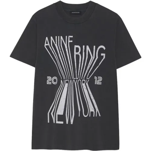 Schwarzes Gewaschenes Baumwoll-T-Shirt mit Weißem Druck , Damen, Größe: L - Anine Bing - Modalova