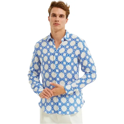 Mediterranean Tile Print Linen Shirt , male, Sizes: M, XL, S, L, 2XL - Peninsula - Modalova