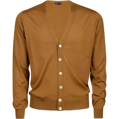 Camel Merino Wool Cardigan Button Closure , male, Sizes: S, L, XL, 2XL - Hindustrie - Modalova