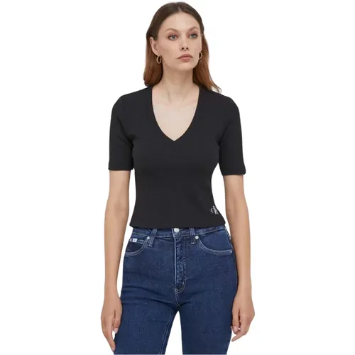 Geripptes V-Ausschnitt T-Shirt , Damen, Größe: XS - Calvin Klein - Modalova