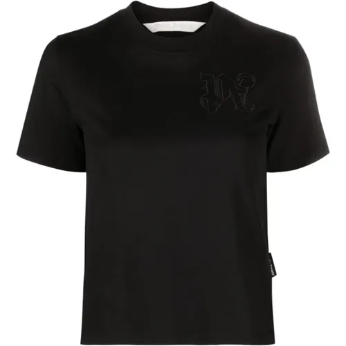 Schwarze T-Shirts und Polos mit Besticktem Logo,Schwarzes Monogramm Baumwoll-T-Shirt - Palm Angels - Modalova