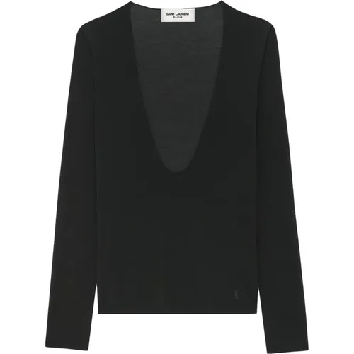 Knitwear with V-Neckline and Monogram Embroidery , female, Sizes: S, M - Saint Laurent - Modalova