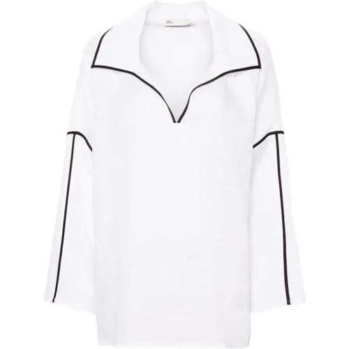 Linen Flax Shirt with Contrasting Trim , female, Sizes: M, S - TORY BURCH - Modalova