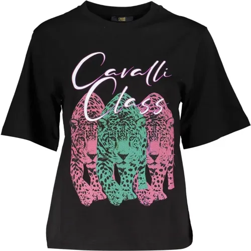 Schwarzes Baumwoll-T-Shirt mit Kurzen Ärmeln , Damen, Größe: L - Cavalli Class - Modalova