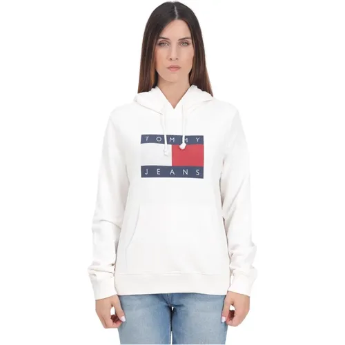 Weiße Damenhoodie mit Flaggenprint , Damen, Größe: XS - Tommy Jeans - Modalova