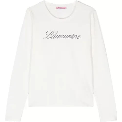 Weiße Langarm-Logo-T-Shirt mit Strass - Blumarine - Modalova