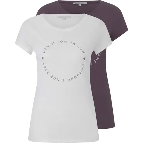 Basic T-Shirt 2er-Pack Logo-Print Loose Fit , Damen, Größe: L - Tom Tailor - Modalova
