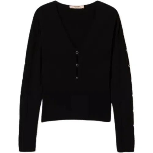 Schwarzer Pullover mit Nieten und V-Ausschnitt , Damen, Größe: L - Twinset - Modalova